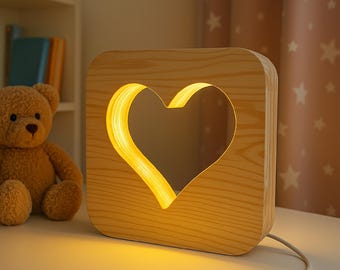 Wooden Heart Shaped Night Light | USB Decorative Lamp for Home Gift & Nursery, Handmade Lamp, love lamp valentine&#39;s day