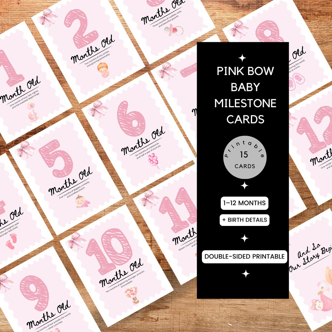 Pink Bow Baby Milestone Cards, 1-12 Months, Photo Prop Printable ...
