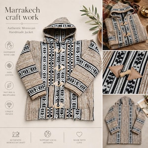 May include: A hooded jacket featuring a tan, black, and white woven pattern with vertical stripes and geometric motifs. The jacket includes a hood, long sleeves, and four light brown toggle closures on the front. The text reads Marrakech craft work.