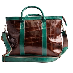 Sac de voyage en cuir fait main - Patchwork marron et vert émeraude - Sac de voyage marocain de week-end avec bandoulière amovible - Unique en son genre