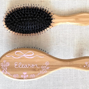 Personalized Pink Bow Hairbrush Hand Painted Wooden Hairbrush Floral Monogram Keepsake Bristle Brush Bridesmaid Gift Full Size Coquette Gift