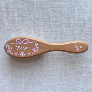 Pink and White Floral Personalized Baby Hairbrush Hand Painted Wooden Baby Gift Monogrammed Pink Bow Baby Hairbrush