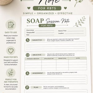 Plantilla de notas SOAP de ABA / notas de sesión de RBT, documentación de BCBA (PDF imprimible)