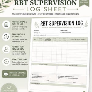 Könnte beinhalten: Druckbares RBT-Supervisionsprotokoll, entworfen für registrierte Verhaltenstechniker. Verfügt über ein übersichtliches Layout zur Verfolgung von Supervisionsstunden, zur Organisation und zur Erfüllung der BACB-Anforderungen. Enthält Platz für Daten, Stunden und behandelte Themen.
