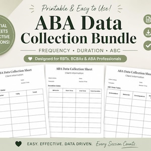 May include: An ABA Data Collection Bundle with three essential data sheets for effective ABA sessions. The bundle includes frequency, duration, and ABC data sheets. The design is RBT and BCBA friendly. The image also includes a spiral notebook, pen, and a small potted plant.