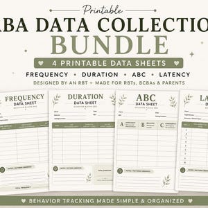 Pode incluir: Um conjunto de folhas de dados ABA imprimíveis, incluindo quatro formulários para rastreamento de frequência, duração, ABC e latência. Os documentos apresentam um design em verde sálvia e branco com detalhes de folhas.