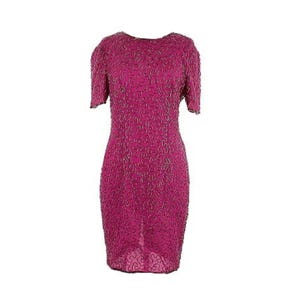 Joan Leslie | Vintage 1980s Fuchsia Pink Beaded Silk Evening Dress, Size 8, VGUC