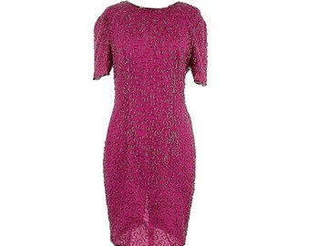 Joan Leslie | Vintage 1980s Fuchsia Pink Beaded Silk Evening Dress, Size 8, VGUC