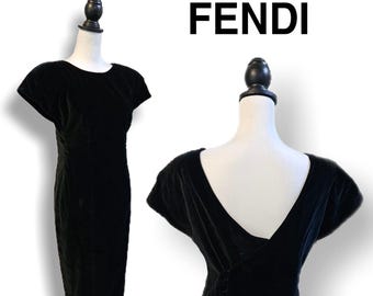 Fendi (Authentic) Elegant Black Velvet Asymmetrical V-Back Vintage Dress, Size EU 42 / US 6