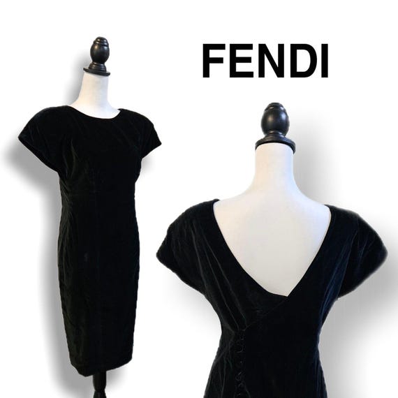 Fendi, Fendi (Authentic) Elegant Black Velvet Asymmetrical V-Back Vintage Dress, Size EU 42 / US 6