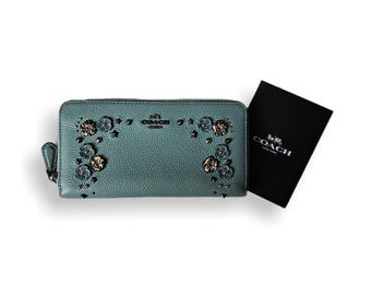 Coach Slate Blue Pebble Leather Floral Embellished Zippy Long Wallet VGUC