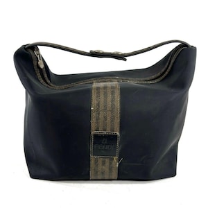 Fendi [Authentic] Black FF Nylon Pequin Stripe Top Handle Snap Pouch Bag VTG GUC