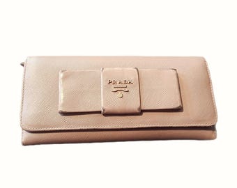 Prada | Fiocco Champagne Pink Bow Accent Saffiano Leather Vintage Long Wallet