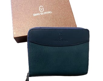 Gianni Valentino NEW Green & Navy Blue Leather Bi-Fold Zippy Wallet w/ Box, VTG