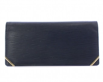 Valentino (Authentic) Navy Blue Epi Leather & Gold Accent Bi-fold Long Wallet, Vintage 2000s