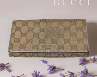 Gucci (Authentic) GG Monogram Canvas & Purple Leather Accent Long Vintage Wallet