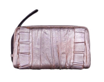 Dolce & Gabbana RARE Rose Gold Metallic Leather Ruffle Zippy Long Wallet, VGUC