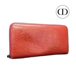 Dior (Authentic) Ultimate Voyager Coral Orange Patent Leather Zippy Long Wallet, VGUC Vintage