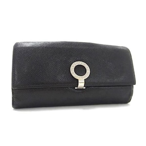 Bulgari (Authentic) Signature Black Leather & Silver Accent Fold-Over Long Wallet, GUC