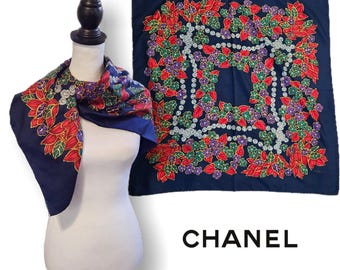 Chanel (Authentic) Multi-color Jewel & Floral Print 90cm Silk Vintage Y2K 2000s Scarf w/ Tag VGUC