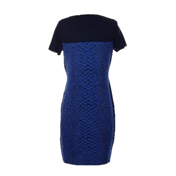 Magaschoni Blue Color Block Metallic Snakeskin Wool Sheath Dress, Size M  (8-10), Vintage