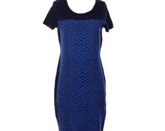 Magaschoni Blue Color Block Metallic Snakeskin Wool Sheath Dress, Size M (8-10), Vintage