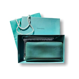 Tiffany Co Wallet Blue Green Glossy Leather Zippy Long Wallet Box