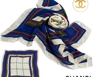 Chanel -ONLY ONE- Authentic Blue & Colorful Stripe Large 34" Silk Scarf, Vintage