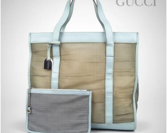 Gucci Tom Ford Y2K Baby Blue Leather Greige Mesh Tote Bag & Pouch Vintage 2000s