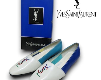 Yves Saint Laurent NEW Blue & White Vintage Y2K Leather Loafers, EU 36/US 5.5