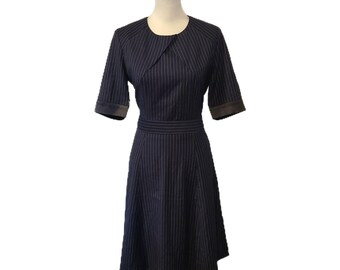 Estee Lauder Vintage Navy Blue Pinstripe Fit & Flare Dress, Tulip Style, Size 8