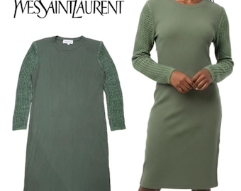 Yves Saint Laurent - Vintage 1990s Olive Green Sweater Sheath Dress Size M/L EUC