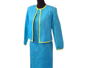 Bob Mackie Aqua Blue Yellow Trim Dress Suit Set, Vintage 1980s Size 6