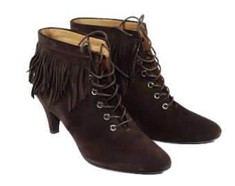 Maje | Velvet Brown Boho Suede Lace-Up Fringe Booties, Size 6, VGUC, MSRP 500