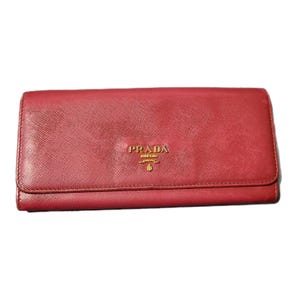 Prada [Authentic] Rose Pink Leather & Gold Accent Fold-Over Long Wallet, GUC Vintage