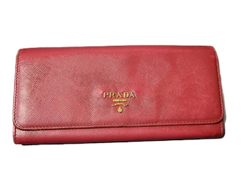 Prada [Authentic] Rose Pink Leather & Gold Accent Fold-Over Long Wallet, GUC Vintage