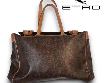 Etro Luxury Vintage Y2K Brown Coated Leather Paisley Print Large Travel Shoulder Bag VGUC