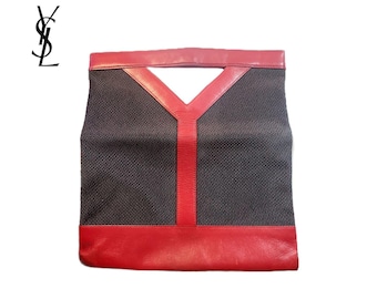 Yves Saint Laurent [Authentic] RARE Large Black & Red Leather Y Top Handle Bag, EUC