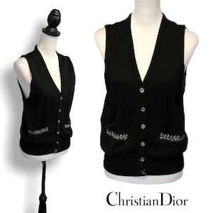 Christian Dior Black & White Button-up Vintage Sweater Vest w/ Pockets, Size M (6-8)