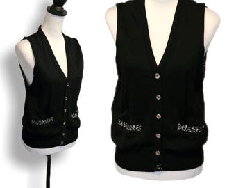 Christian Dior Black & White Button-up Vintage Sweater Vest w/ Pockets, Size M (6-8)