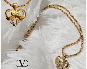 Valentino -ONLY ONE- Gold Bow & Rhinestone Pendant 16" Necklace, Vintage Y2K, 1990s, 2000s