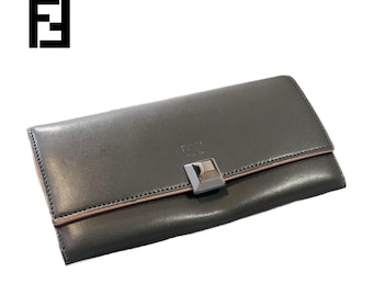 Fendi (Authentic) Gray Leather FF Baguette Long Fold-over Wallet w/ Pink Trim, Vintage