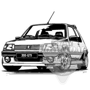 Op de afbeelding: Een zwart-witte lijntekening van een Peugeot 205 GTI. De auto is naar de kijker gericht en heeft een zwarte grille met het Peugeot-logo en de tekst "205 GTI".