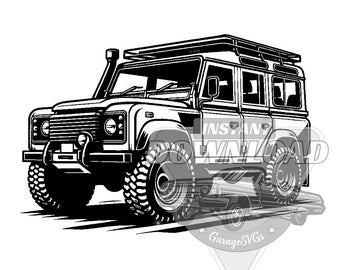 May include: Black and white illustration of a vintage Land Rover Defender with a roof rack. The vehicle has a rugged look and is depicted in a side view.