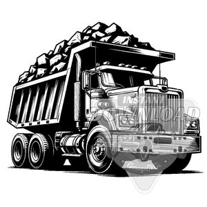 May include: A black and white illustration of a dumper truck with a full load of rocks. The truck has a large cab with a grille and headlights. The truck is on a white background.