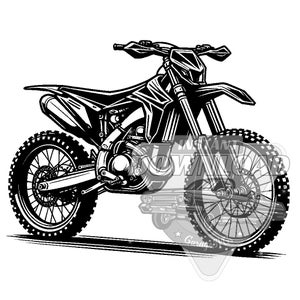 May include: Black and white illustration of a dirt bike. The bike has a large front tire and a smaller rear tire. The bike is in a riding position with the front tire raised.