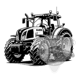 Puede incluir: Ilustración en blanco y negro de un tractor Claas con ruedas grandes. El tractor tiene un diseño detallado y es una marca popular de equipos agrícolas.