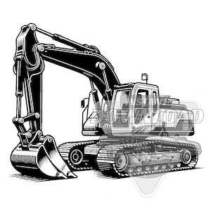 May include: Black and white illustration of an excavator with a large arm and bucket. The excavator is on tracks and has a cab with a window.