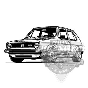 Puede incluir: Dibujo en blanco y negro de un coche Volkswagen Golf vintage. El coche tiene un parachoques negro, ruedas negras y el texto "GOF1" en la parte delantera.