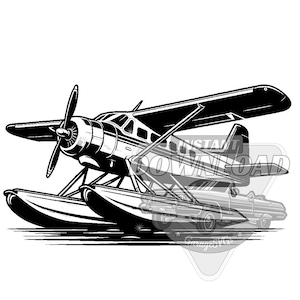 May include: Black and white illustration of a seaplane with pontoon floats. The seaplane is flying low over the water and has a classic design.